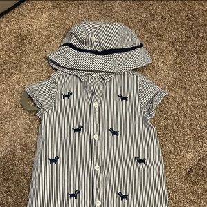 Little Me seersucker romper and hat sz 6m